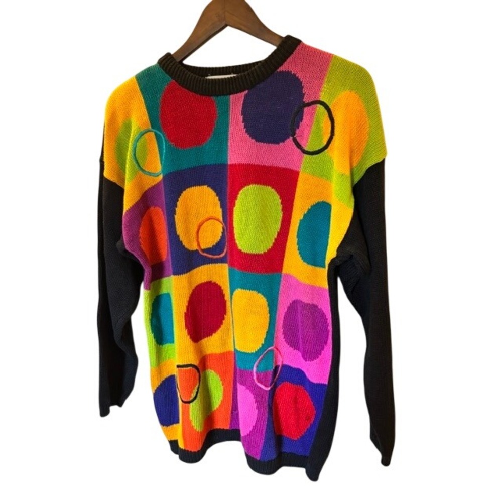 Vintage 1992 Santoria Colorblock Polka Dot Knit Sweater Ramie Cotton Medium